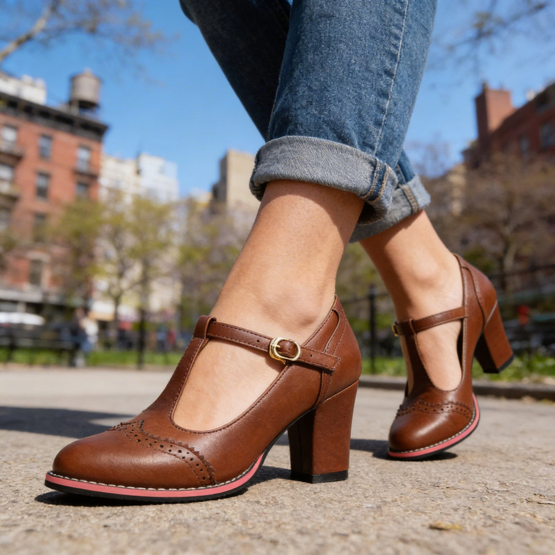 Mocassini Donna Pelle Stile Brogue Tacchi a Blocco Comodi - Vesarelli