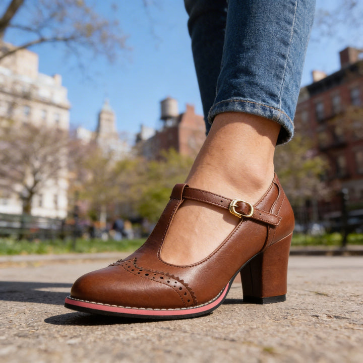 Mocassini Donna Pelle Stile Brogue Tacchi a Blocco Comodi