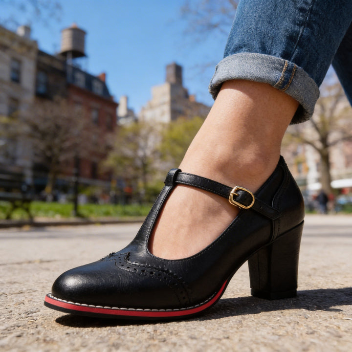 Mocassini Donna Pelle Stile Brogue Tacchi a Blocco Comodi