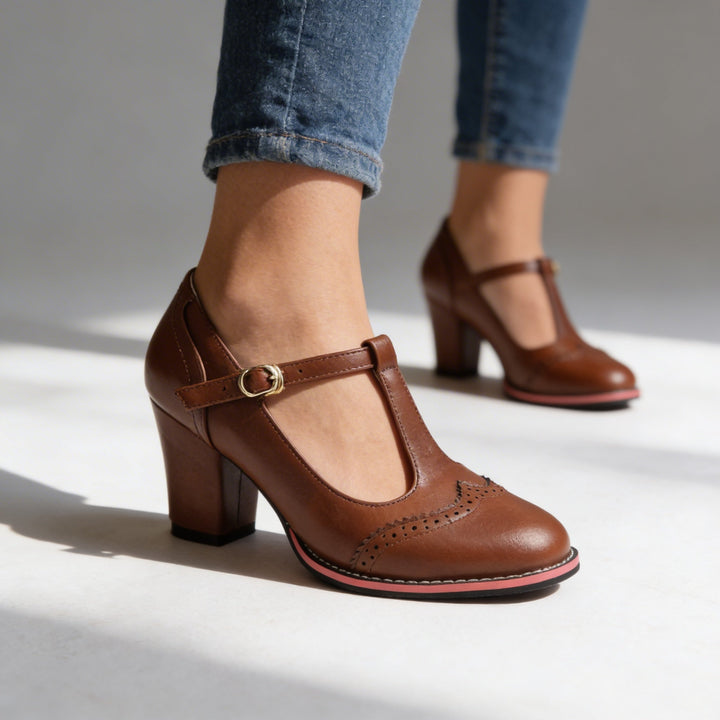 Mocassini Donna Pelle Stile Brogue Tacchi a Blocco Comodi