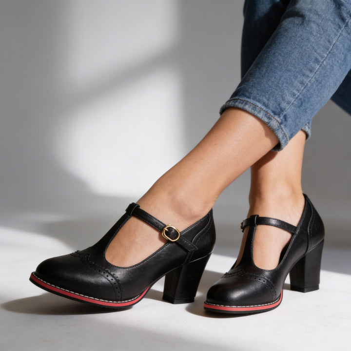 Mocassini Donna Pelle Stile Brogue Tacchi a Blocco Comodi