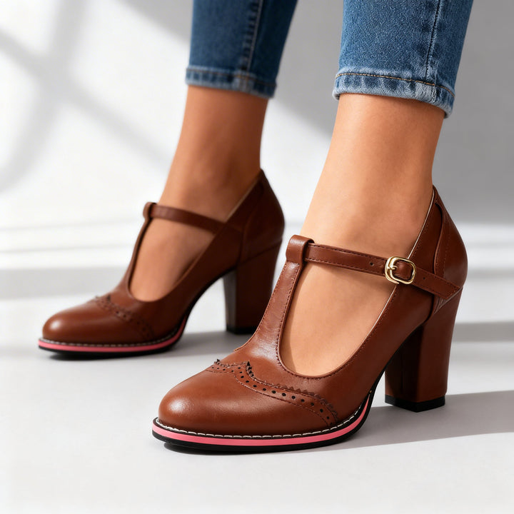 Mocassini Donna Pelle Stile Brogue Tacchi a Blocco Comodi