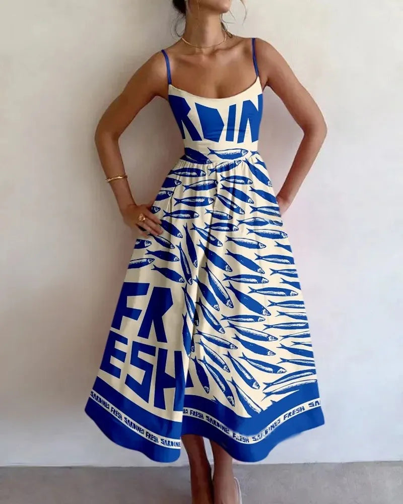 Abito Midi Donna Stampa Astratta Pesci Estivo Elegante - Vesarelli