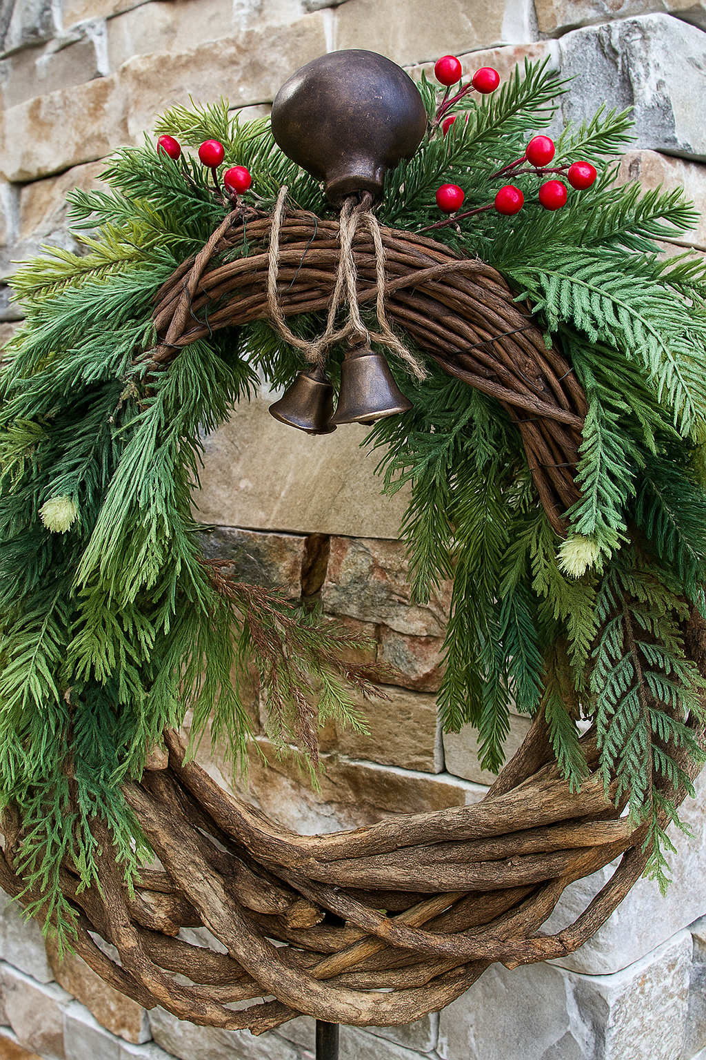 Ghirlanda natalizia rustica con rami di pino, bacche rosse e campanelle, appesa su muro di pietra. Decorazione festiva naturale.