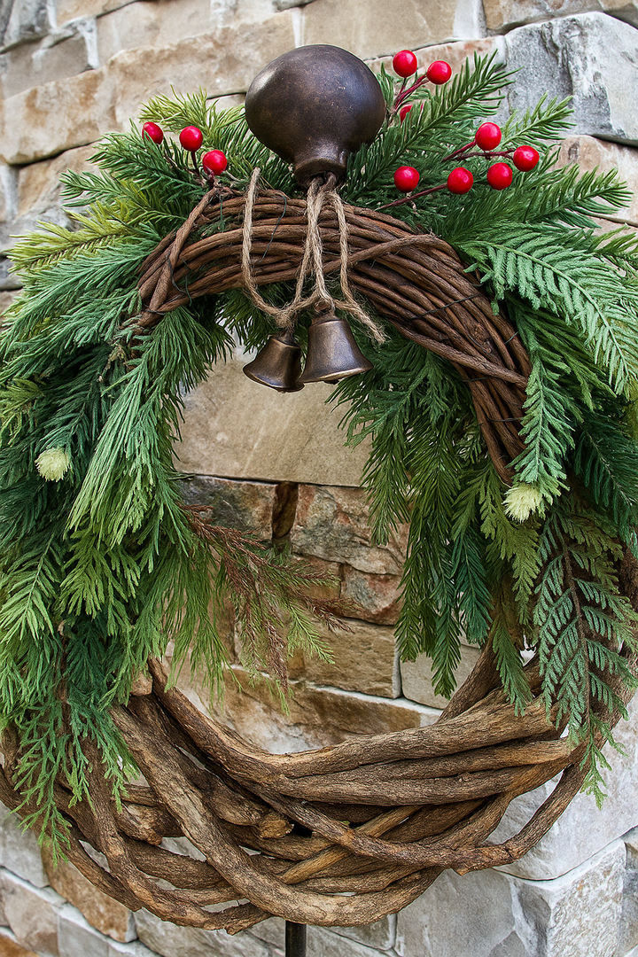 Ghirlanda natalizia rustica con rami di pino, bacche rosse e campanelle, appesa su muro di pietra. Decorazione festiva naturale.
