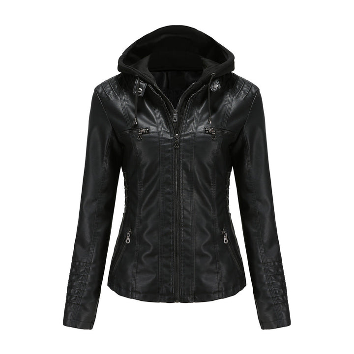 Giacca in pelle nera da donna con cappuccio, zip frontale, tasche con cerniera, design moderno. Ideale per moda autunnale e invernale.