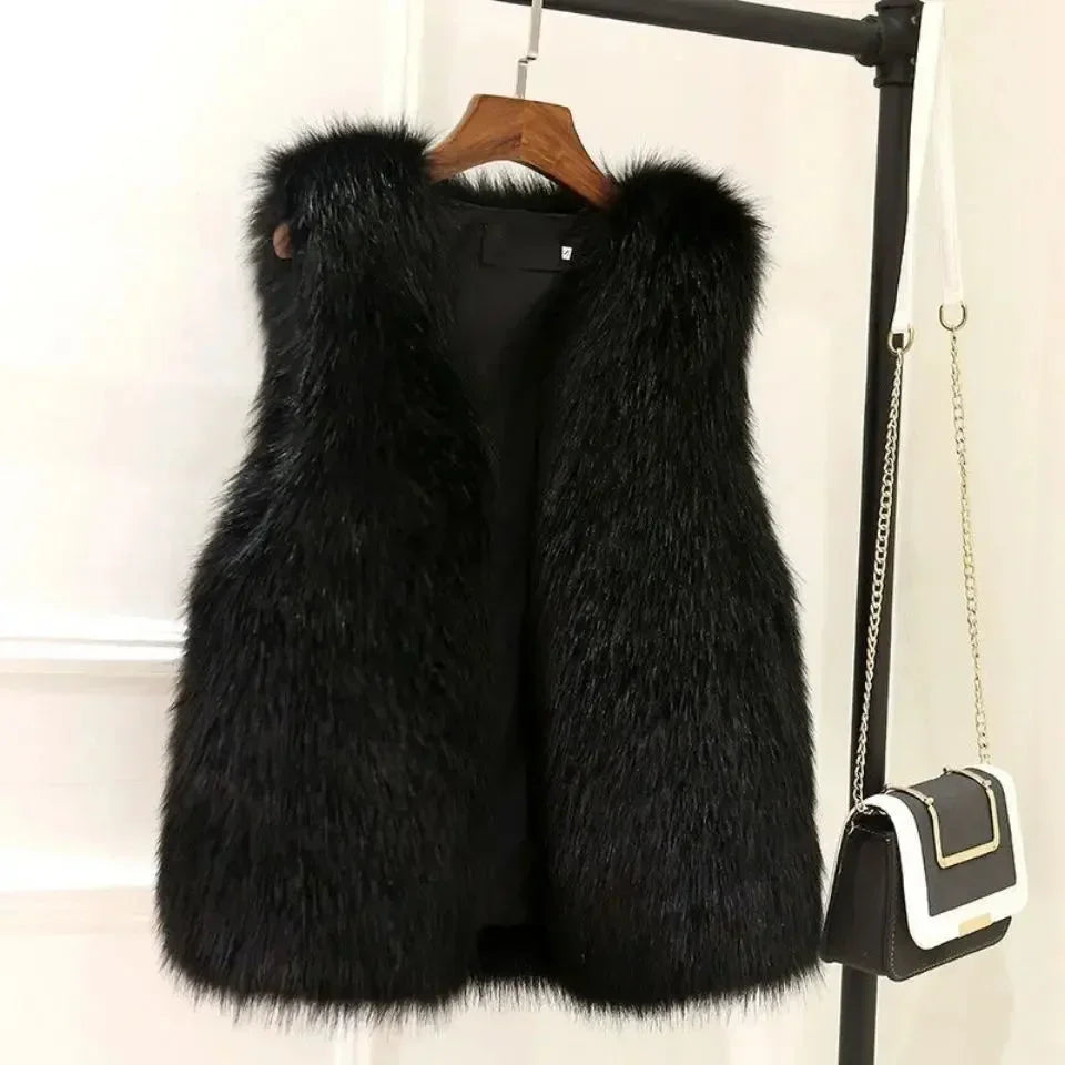 Gilet femme sans manches en fausse fourrure noire, coupe décontractée avec poches.
