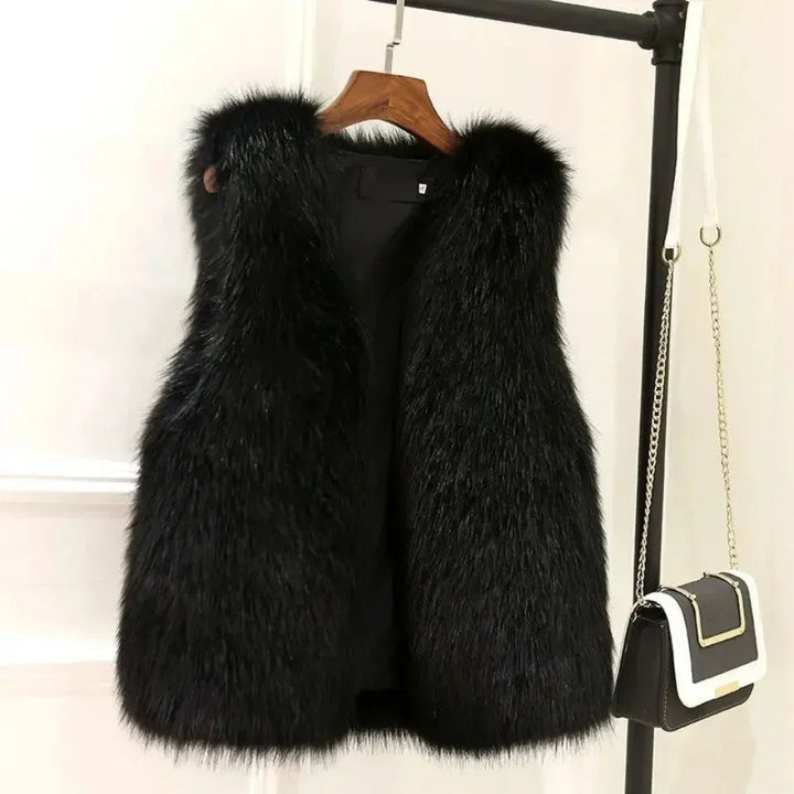 Gilet femme sans manches en fausse fourrure noire, coupe décontractée avec poches.