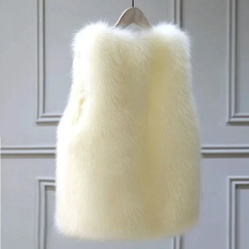 Gilet femme sans manches en fausse fourrure noire, avec une doublure chaude au dos, idéal pour l'automne et l'hiver.
