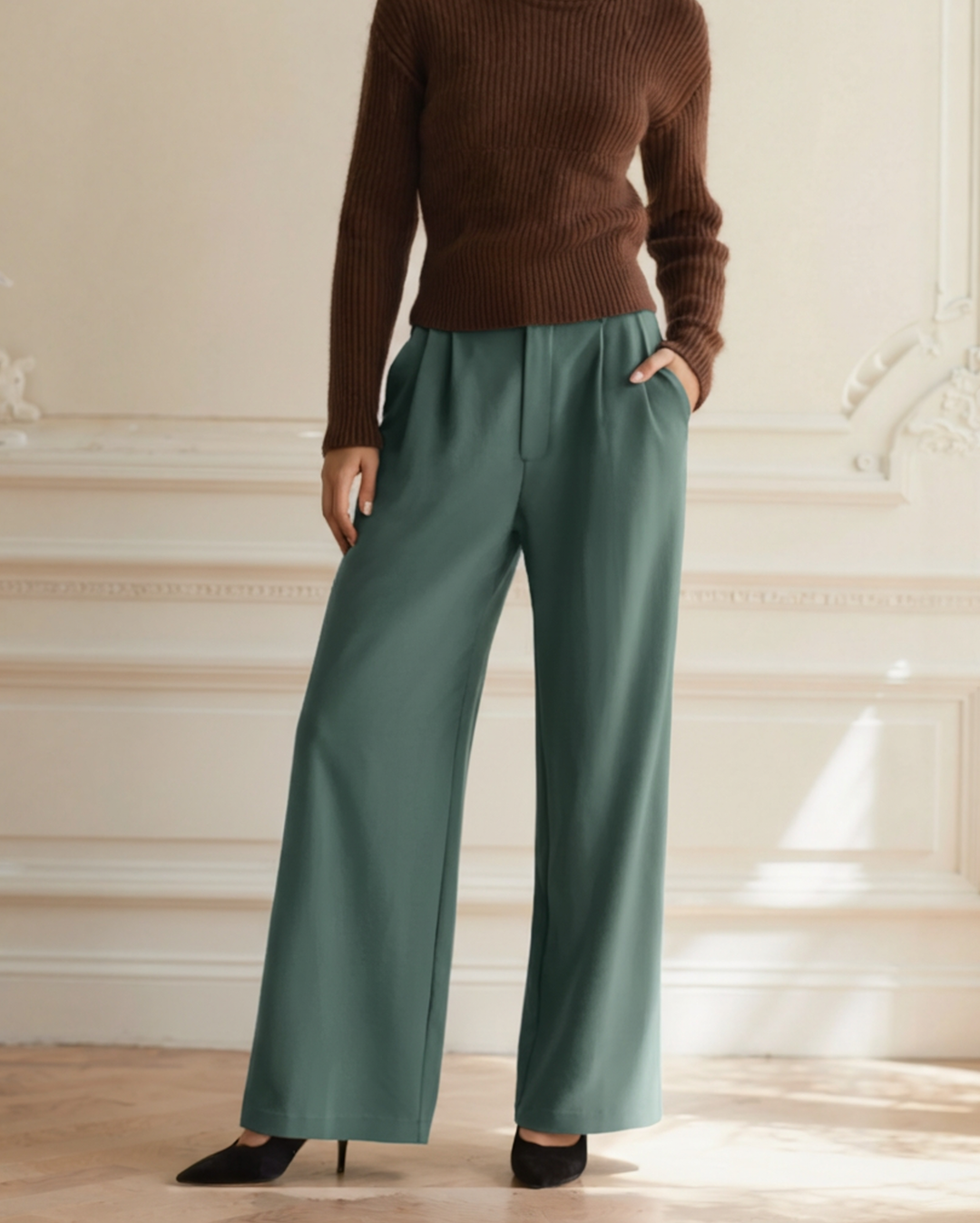Pantaloni Donna Gamba Larga Tessuto Morbido Vestibilità Elegante