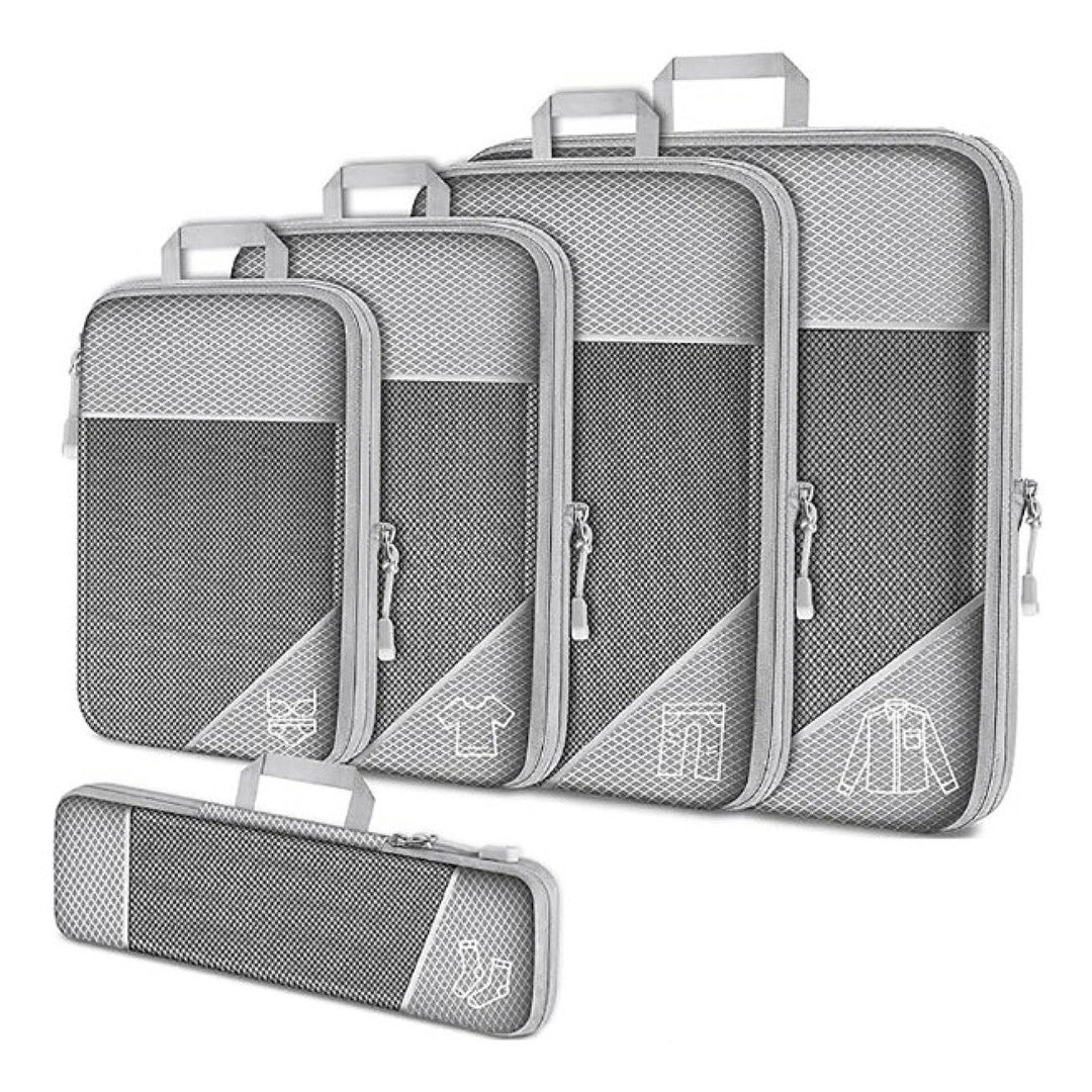 Set di organizer da viaggio grigi, 5 pezzi, con cerniera e manico, per valigia. Ideali per abbigliamento, accessori, bagagli ordinati.