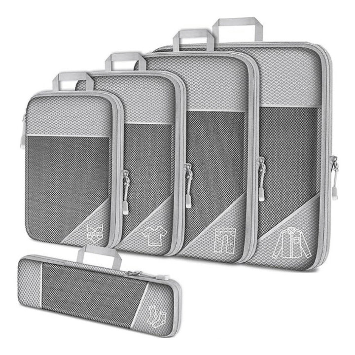 Set di organizer da viaggio grigi, 5 pezzi, con cerniera e manico, per valigia. Ideali per abbigliamento, accessori, bagagli ordinati.