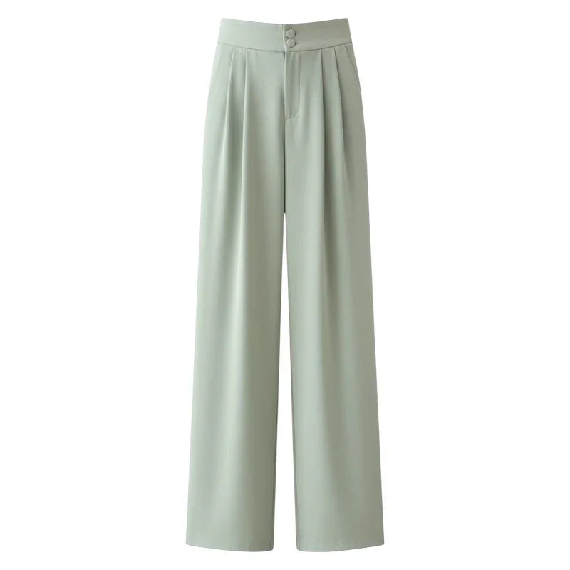 Pantaloni Donna Vita Alta Tessuto Leggero Gamba Larga Taglio Dritto