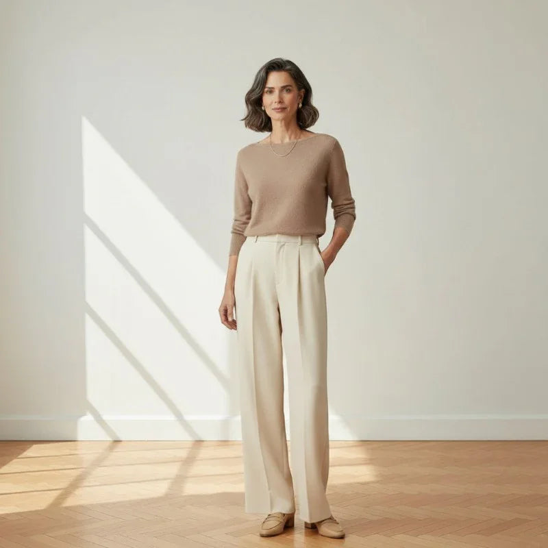 Pantaloni Donna Vita Alta Tessuto Leggero Gamba Larga Taglio Dritto