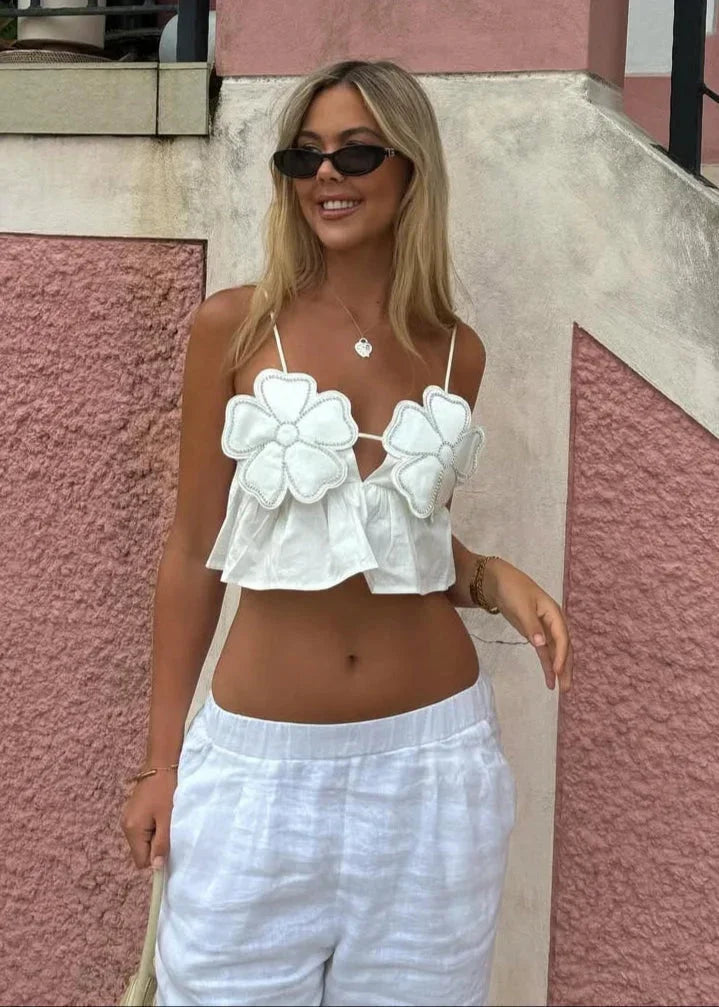 Crop Donna con Applicazioni Floreali e Spalline Sottili - Vesarelli