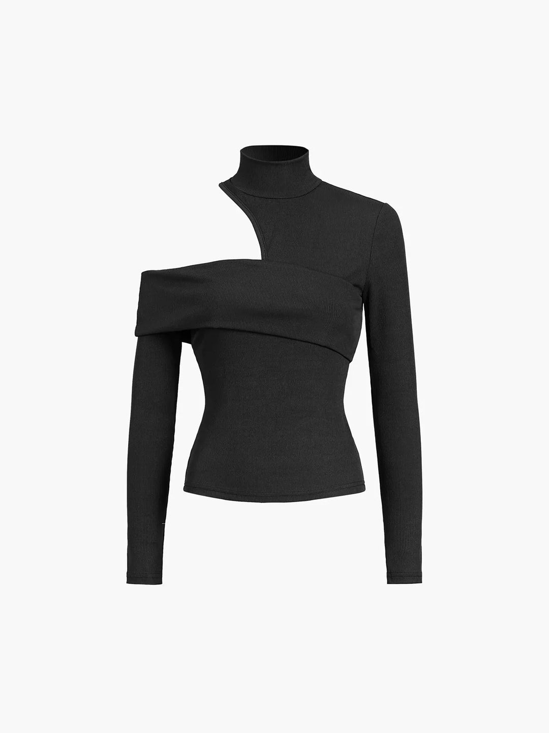 Haut femme noir asymétrique en tissu doux, col montant et découpe élégante.