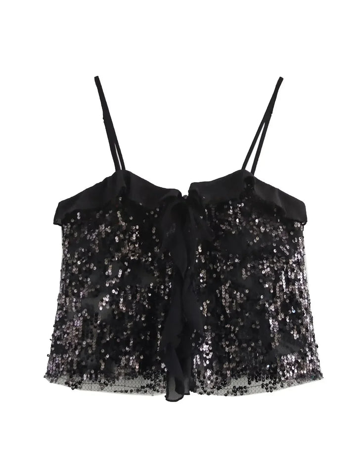 Haut femme noir à sequins, avec des détails en volants transparents et une coupe ajustée pour un look élégant.