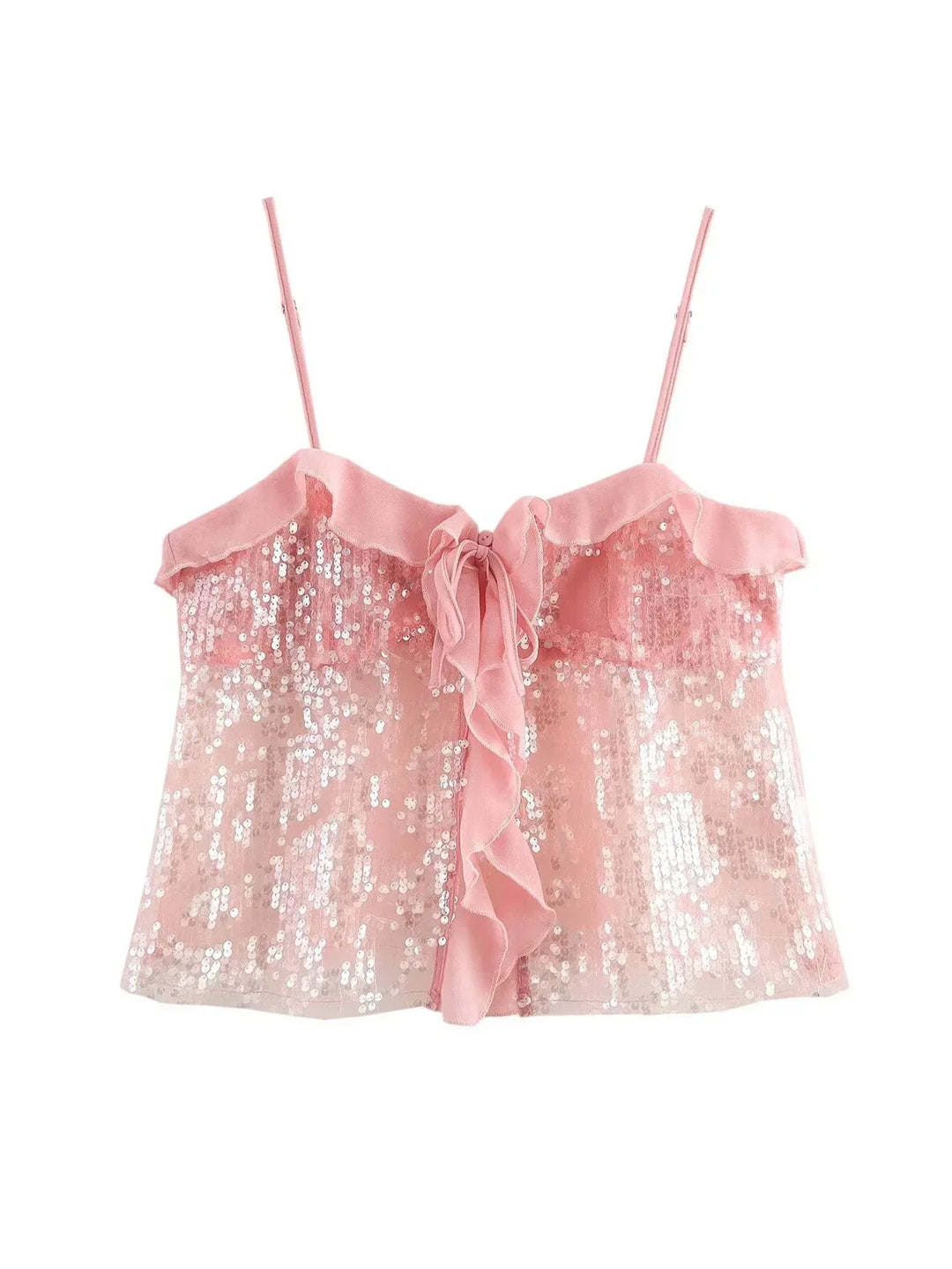 Haut femme en rose, en sequins brillants, avec volants transparents délicats pour une touche féminine et élégante.