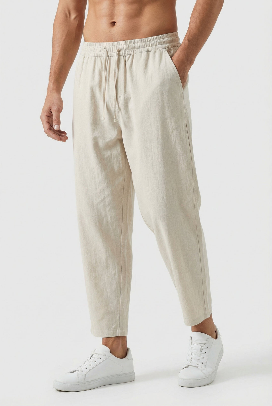Pantaloni Uomo Misto Cotone Lino Vestibilità Ampia Tasche