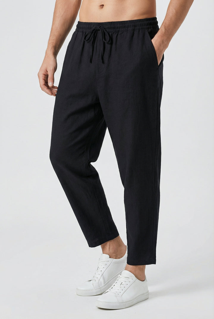 Pantaloni Uomo Misto Cotone Lino Vestibilità Ampia Tasche