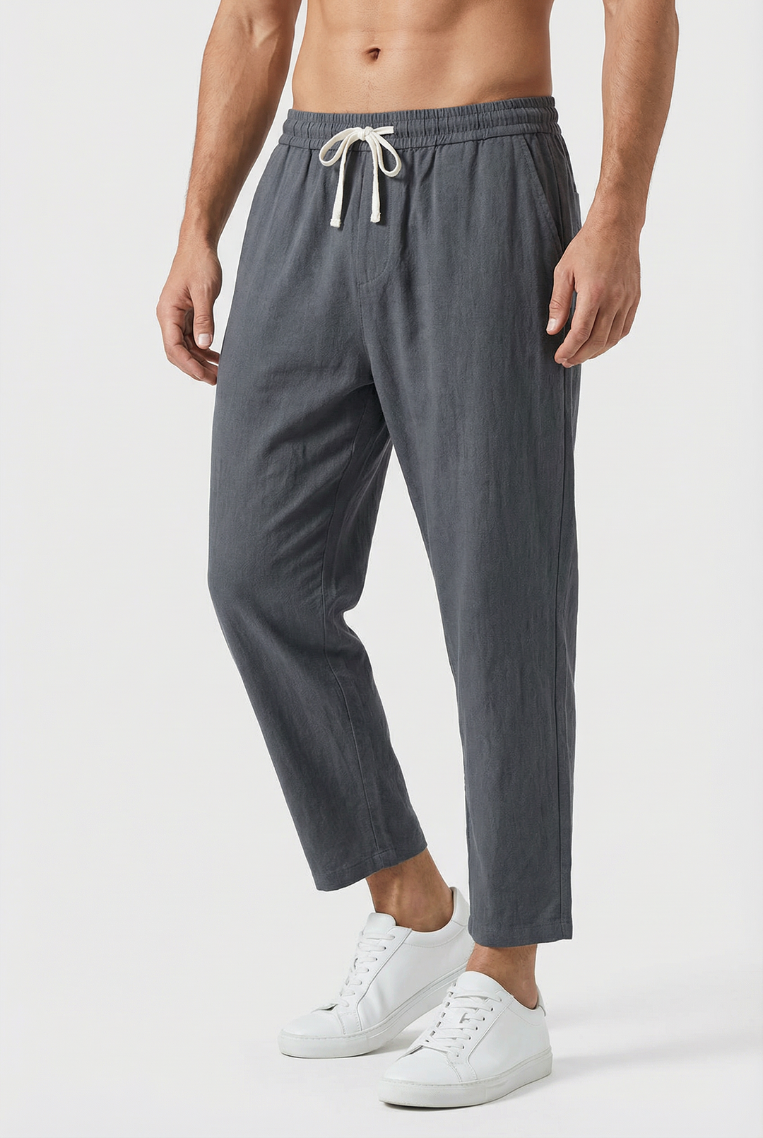 Pantaloni Uomo Misto Cotone Lino Vestibilità Ampia Tasche