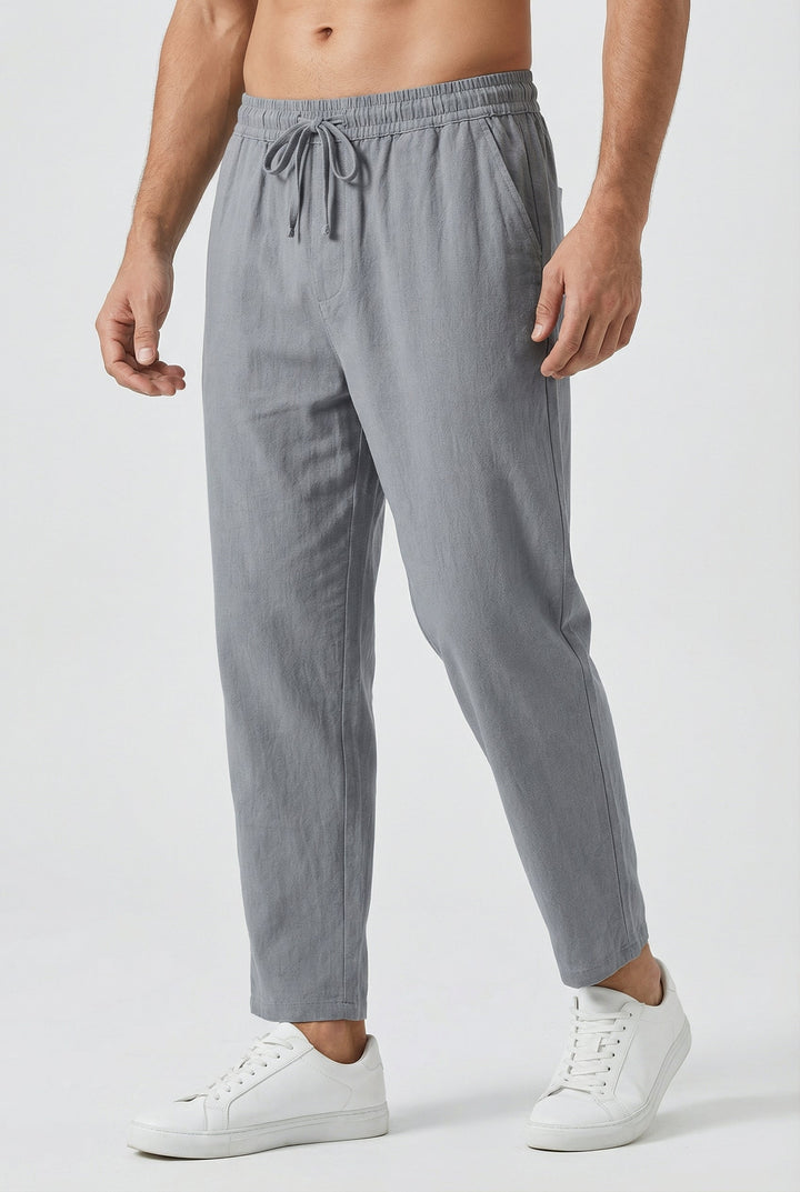 Pantaloni Uomo Misto Cotone Lino Vestibilità Ampia Tasche