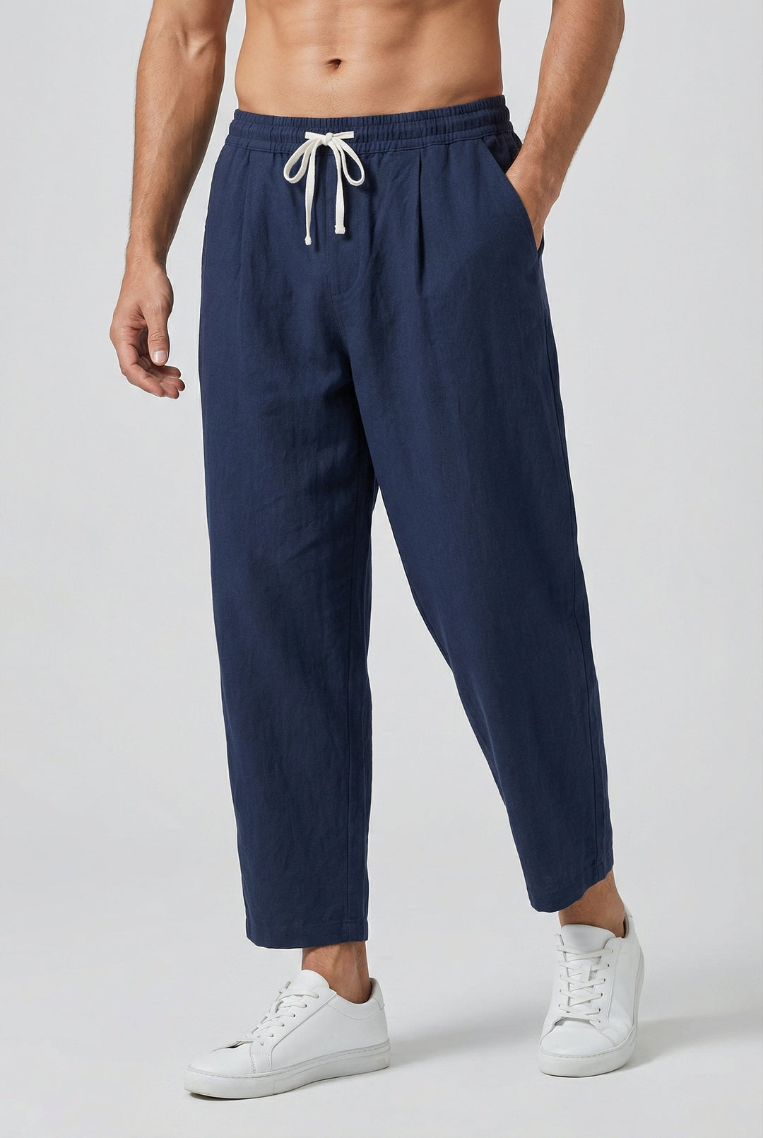Pantaloni Uomo Misto Cotone Lino Vestibilità Ampia Tasche