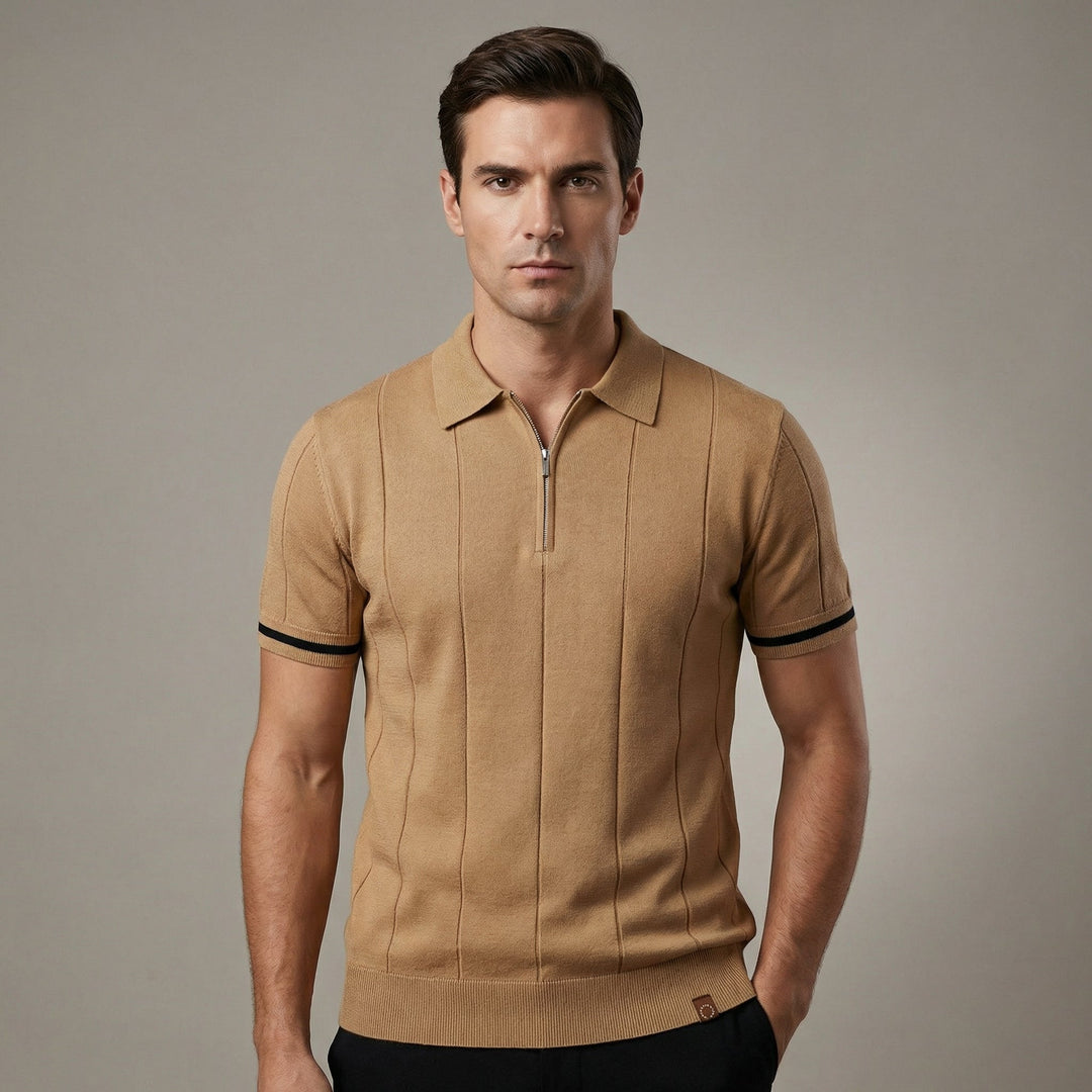 Polo Uomo Zip Manica Corta Tessuto Tecnico Rigato - Vesarelli