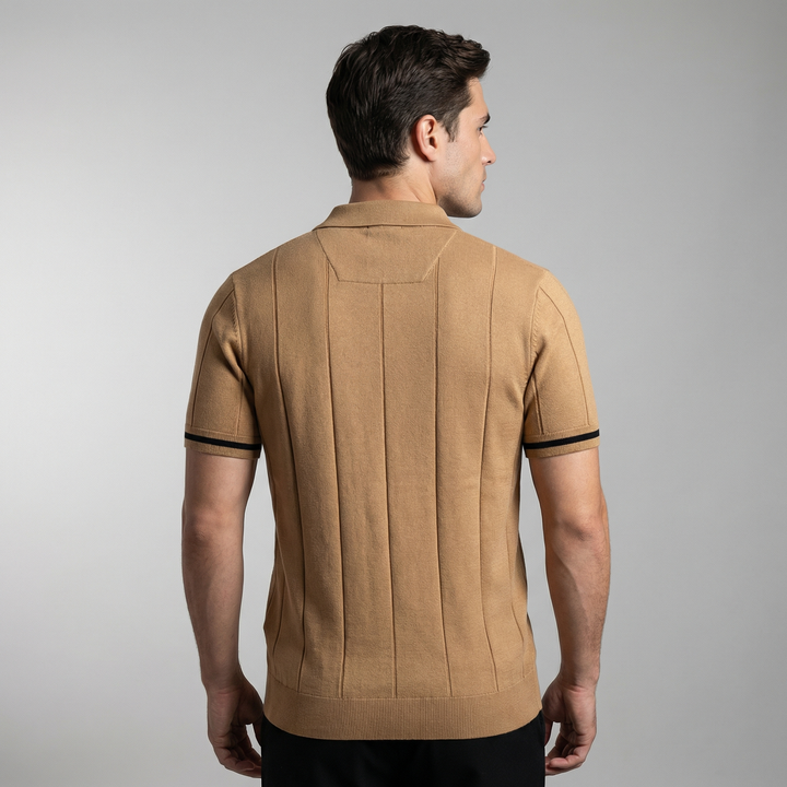 Polo Uomo Zip Manica Corta Tessuto Tecnico Rigato