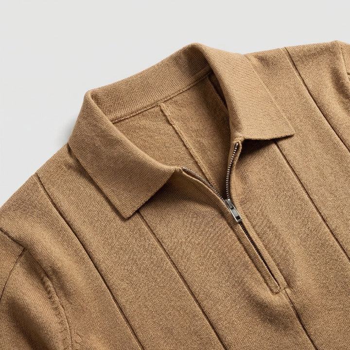 Polo Uomo Zip Manica Corta Tessuto Tecnico Rigato