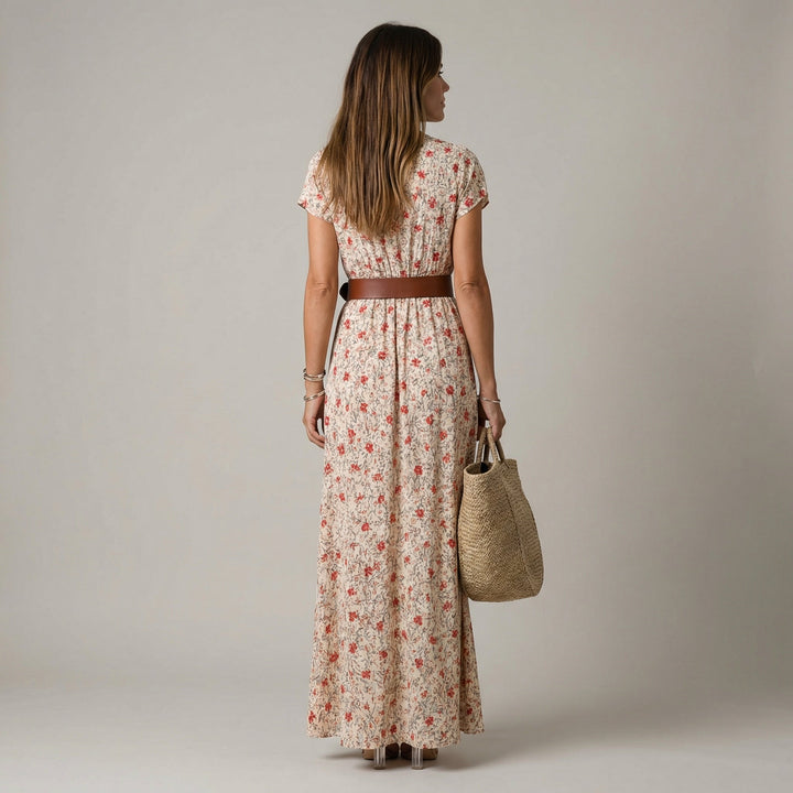 Abito Maxi Donna Boho Scollo a V con Cintura