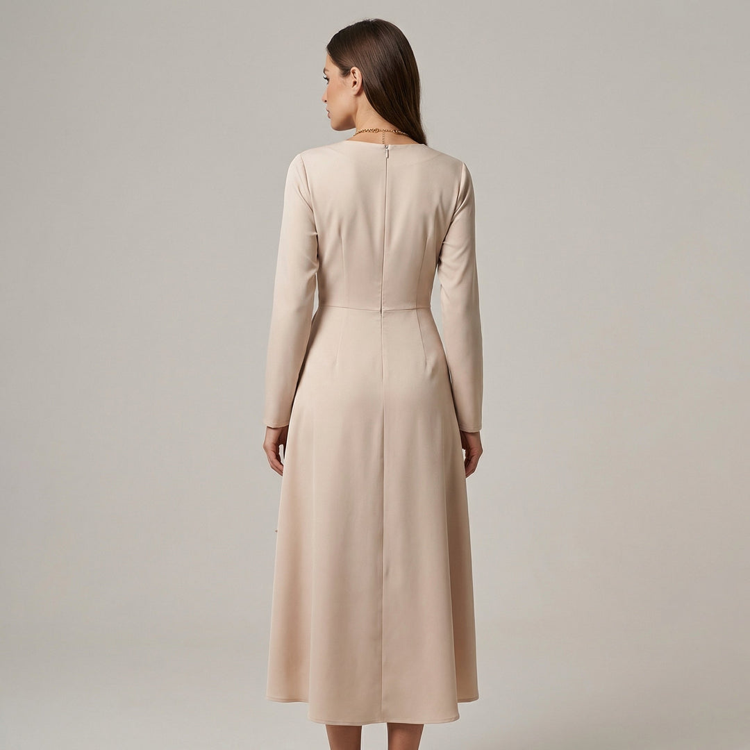 Abito Midi Donna Manica Lunga Scollo a V Affusolato Spacco