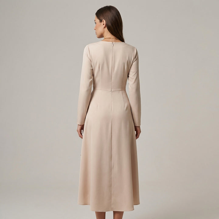 Abito Midi Donna Manica Lunga Scollo a V Affusolato Spacco