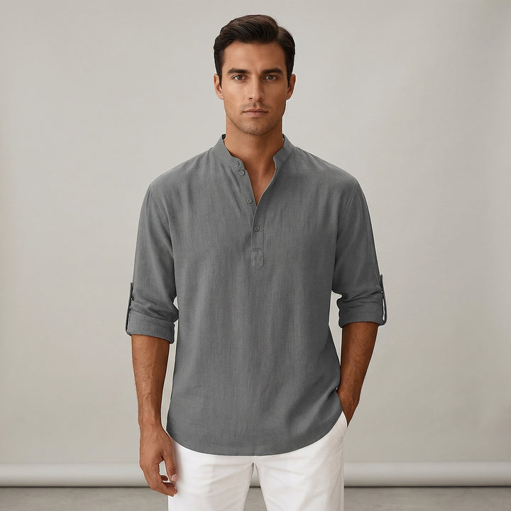Camicia Uomo in Lino Collo Coreana Manica Lunga Disinvolta - Vesarelli