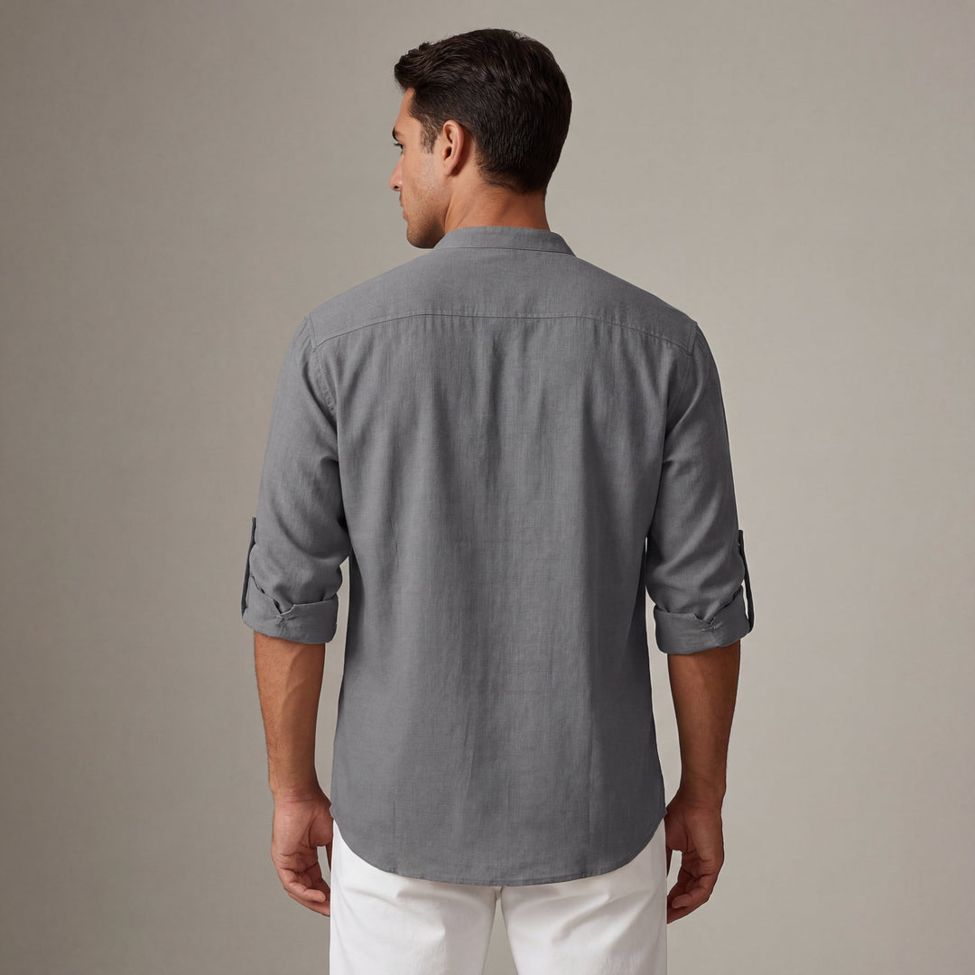 Camicia Uomo in Lino Collo Coreana Manica Lunga Disinvolta