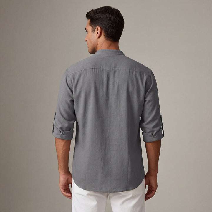 Camicia Uomo in Lino Collo Coreana Manica Lunga Disinvolta