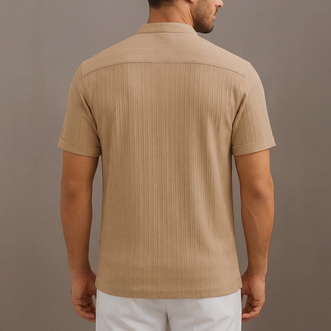 Camicia Uomo Lino Righe Manica Corta Collo Coreana