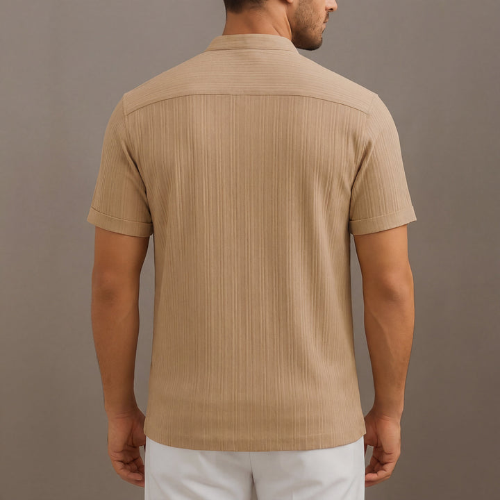 Camicia Uomo Lino Righe Manica Corta Collo Coreana
