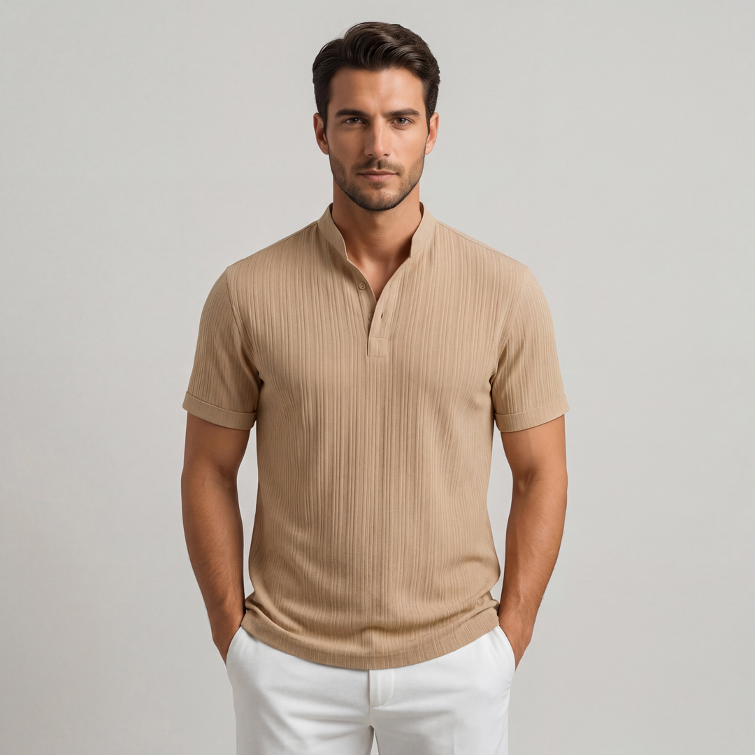 Camicia Uomo Lino Righe Manica Corta Collo Coreana - Vesarelli