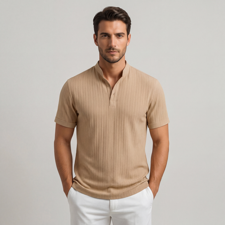 Camicia Uomo Lino Righe Manica Corta Collo Coreana - Vesarelli