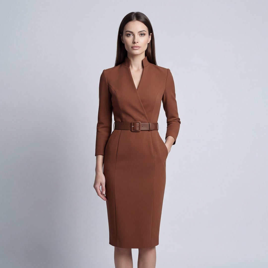 Abito Midi Donna Tubino Scollo a V con Cintura - Vesarelli