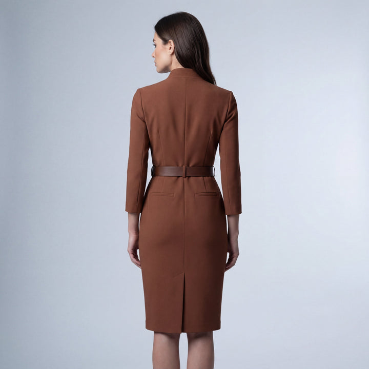 Abito Midi Donna Tubino Scollo a V con Cintura