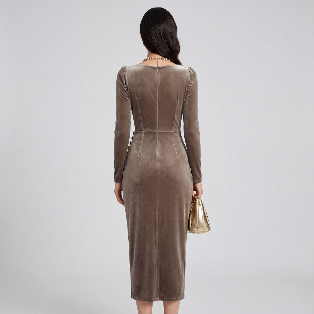 Abito Midi Donna in Velluto Drappeggiato Elegante