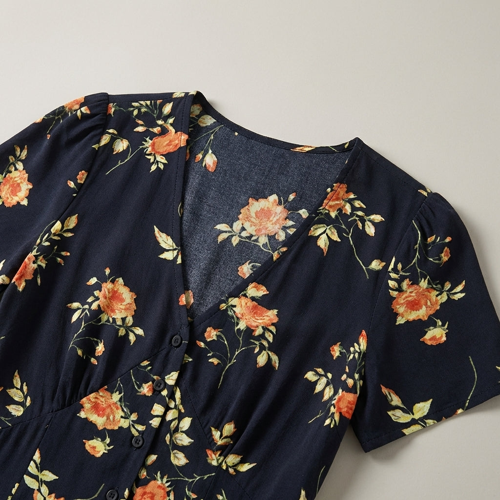 Abito Midi Donna Floreale Scollo a V Manica Corta