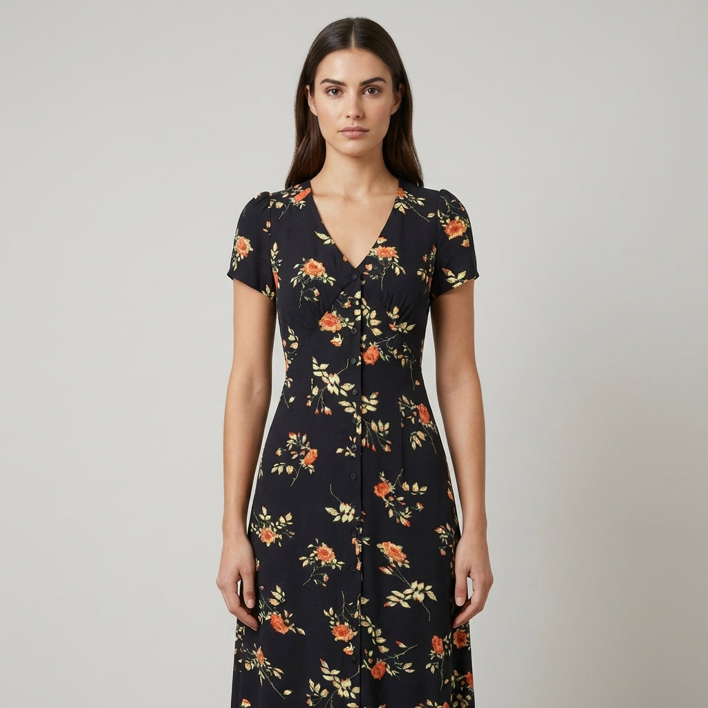 Abito Midi Donna Floreale Scollo a V Manica Corta - Vesarelli