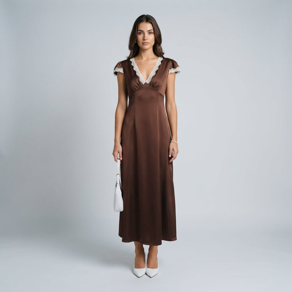 Abito lungo Donna in Raso con Pizzo Scollo a V - Vesarelli