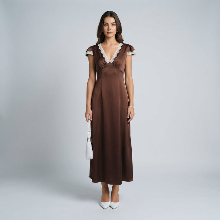Abito lungo Donna in Raso con Pizzo Scollo a V - Vesarelli