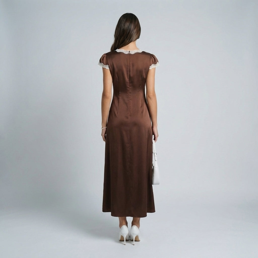 Abito lungo Donna in Raso con Pizzo Scollo a V