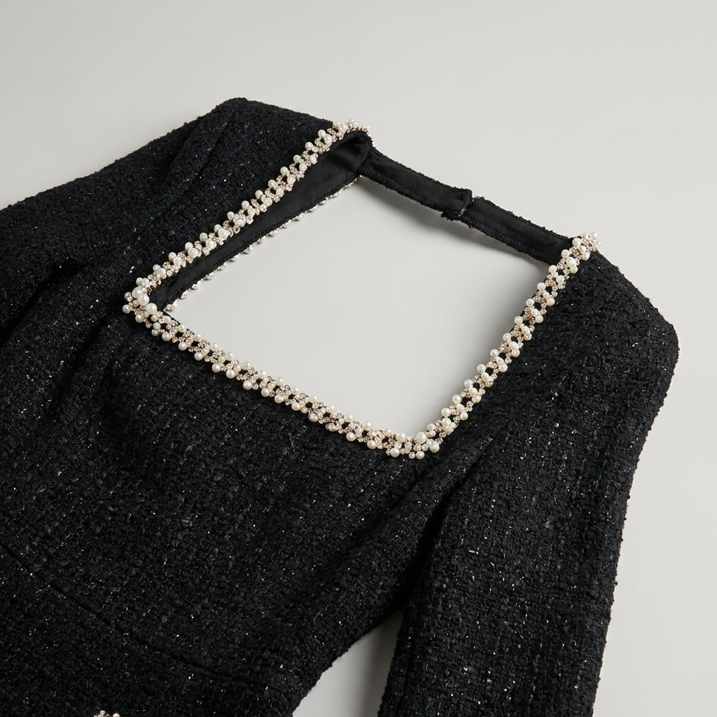 Blazer Mini Donna in Tweed Decorato con Perle