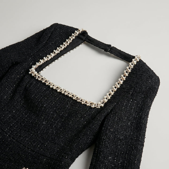 Blazer Mini Donna in Tweed Decorato con Perle